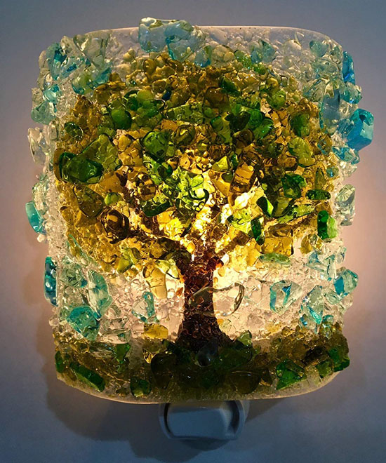 Handcrafted Recycled Glass Oak Tree Fused Bottle Glass Art Night Light by Reborn Glass