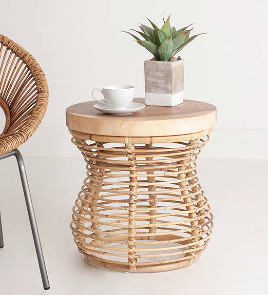 Rattan and Wood Side Table