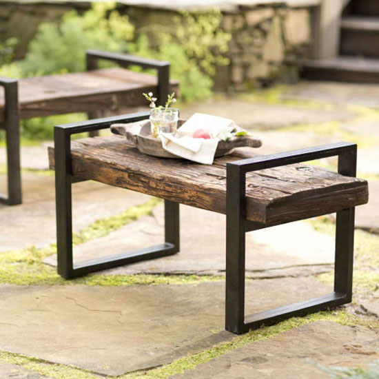 Reclaimed Outdoor Bench Made from Railroad Tie with Iron Frame